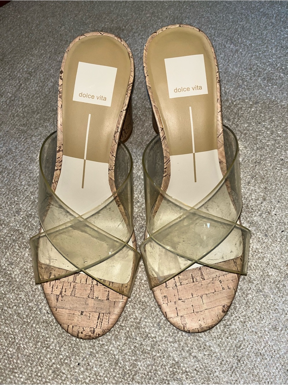 Dolce Vita Clear Strap Cork-Textured Block Heel Mules - Nude/Clear
